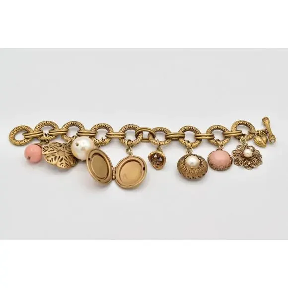 Carolee Vintage Charm Locket Bracelet Antiqued Gold Pink Floral Signed 80s BinBR - Picture 10 of 12